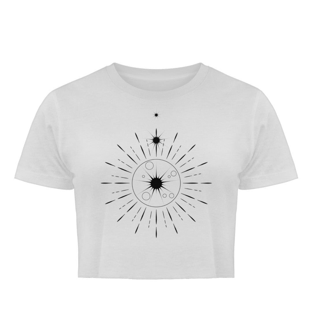 Visualmotivation - weißes Damen Crop-Top mit Lineart Motiv in Schwarz. Aus 100% Bio-Baumwolle. Nachhaltig und Stylisch