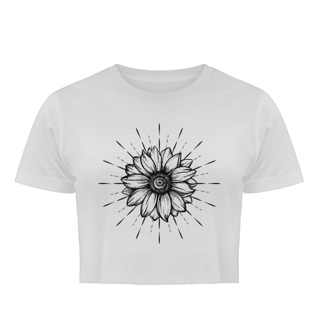 Visualmotivation - weißes Damen Crop-Top mit Lineart Motiv in Schwarz. Aus 100% Bio-Baumwolle. Nachhaltig und Stylisch