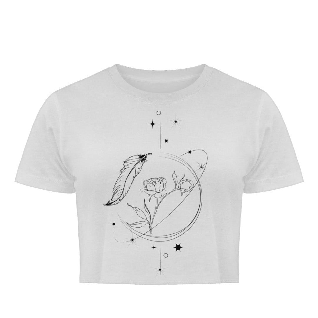 Visualmotivation - weißes Damen Crop-Top mit Lineart Motiv in Schwarz. Aus 100% Bio-Baumwolle. Nachhaltig und Stylisch