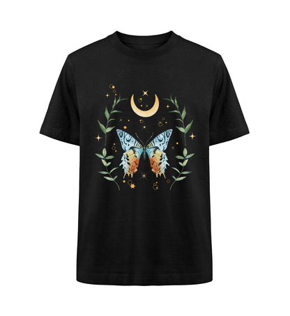 Visualmotviation - Unisex Freestyler Heavy Oversized T-Shirt aus 100% Bio-Baumwolle mit Schmetterling, Mond und Pflanzen. Shirtfarbe: Schwarz-16