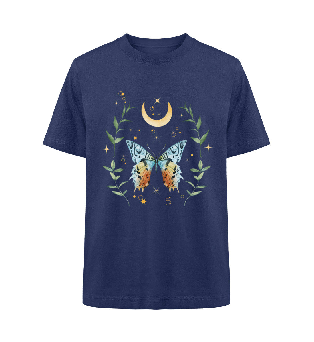 Visualmotviation - Unisex Freestyler Heavy Oversized T-Shirt aus 100% Bio-Baumwolle mit Schmetterling, Mond und Pflanzen. Shirtfarbe: French Navy-6057