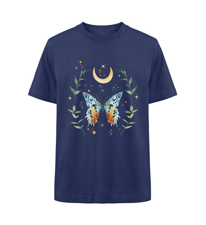 Visualmotviation - Unisex Freestyler Heavy Oversized T-Shirt aus 100% Bio-Baumwolle mit Schmetterling, Mond und Pflanzen. Shirtfarbe: French Navy-6057