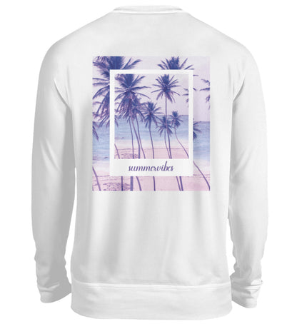 Visualmotivation - Sweatshirt - Motiv auf der Rückseite: summervibes, Palmenmotiv in Lila- / Violettönen. Sweatshirtfarbe: Arktikweiß