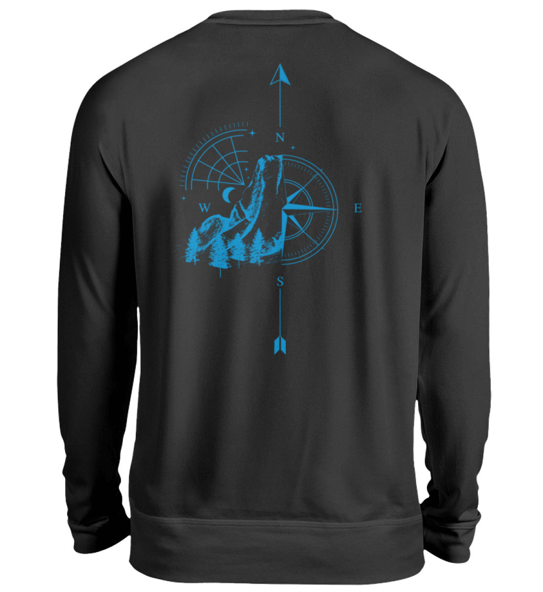 Visualmotviation - Unisex Sweatshirt mit Rückseiten Druck, Motiv: Kompass und Berge in Cyan. Sweatshirt: Tief Schwarz-639