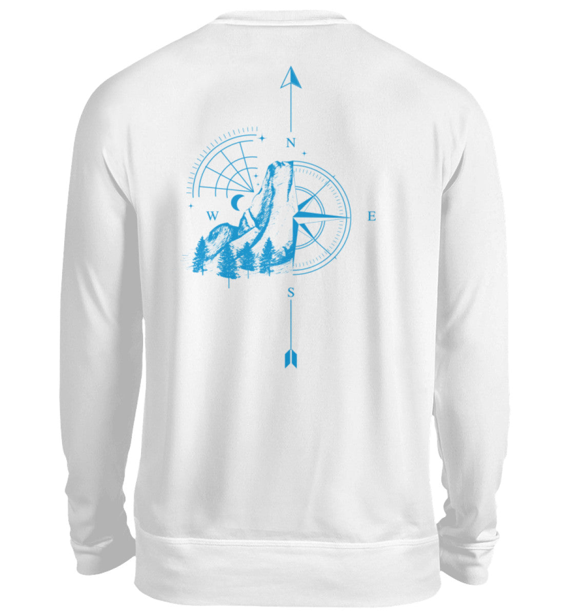 Visualmotviation - Unisex Sweatshirt mit Rückseiten Druck, Motiv: Kompass und Berge in Cyan. Sweatshirt: 