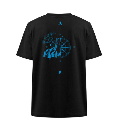 Visualmotviation - Unisex Freestyler Heavy Oversized T-Shirt aus 100% Bio-Baumwolle mit Rückseiten Druck, Motiv: Kompass und Berge in Cyan. Shirtfarbe: Schwarz-16