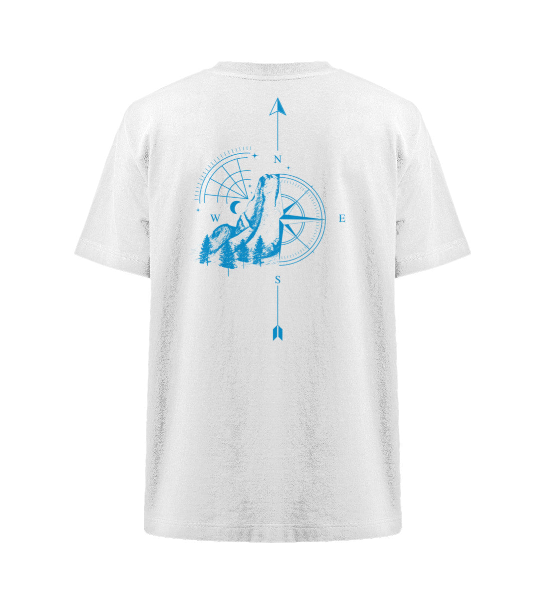 Visualmotviation - Unisex Freestyler Heavy Oversized T-Shirt aus 100% Bio-Baumwolle mit Rückseiten Druck, Motiv: Kompass und Berge in Cyan. Shirtfarbe: White-3