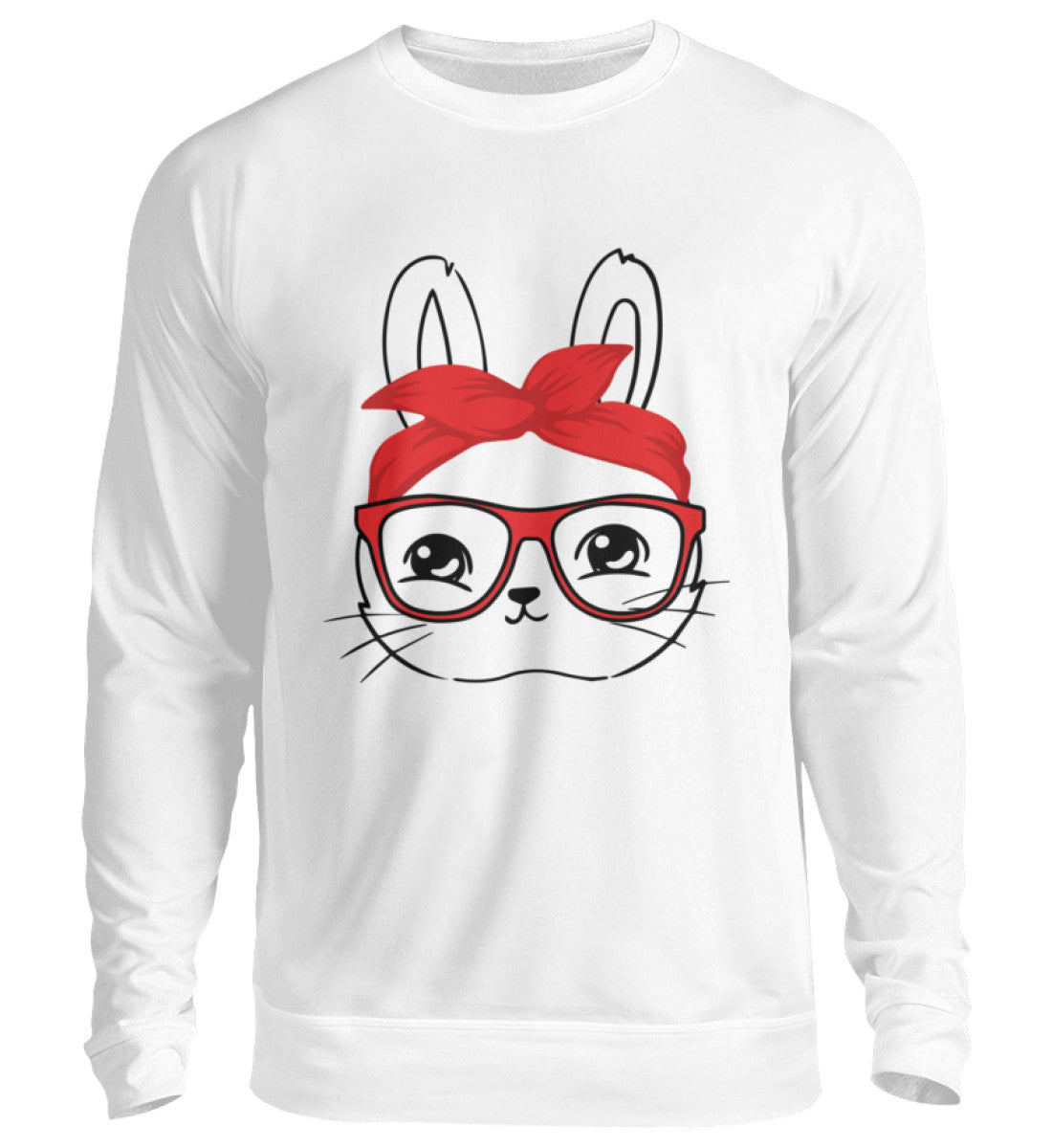 Visualmotivation - Sweatshirt - Motiv: Hase mit roter Brille und rotem Haarband. Sweatshirtfarbe: Arktikweiß