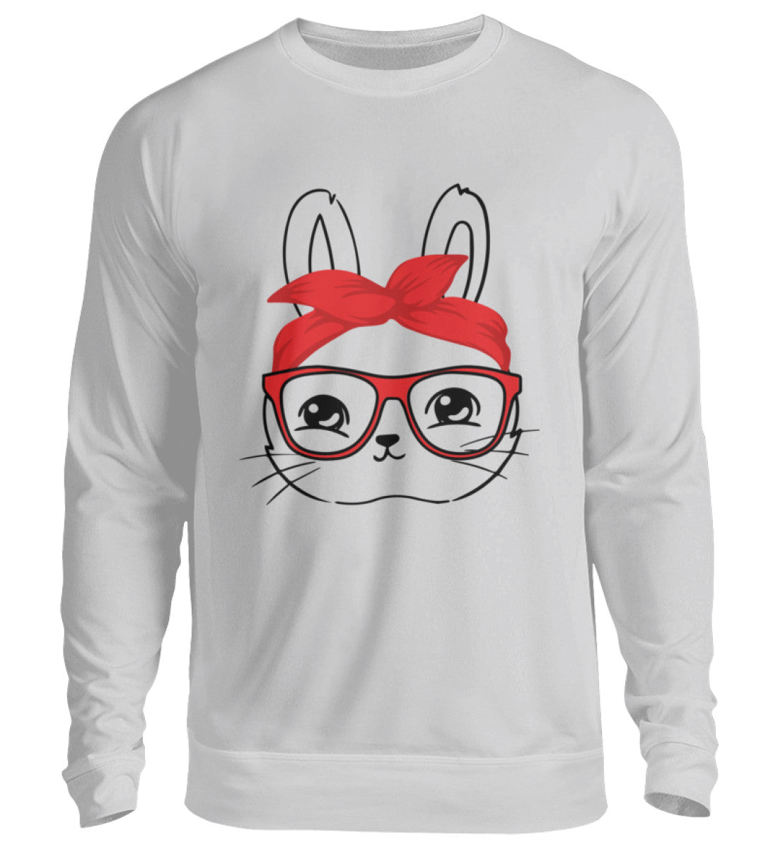 Visualmotivation - Sweatshirt - Motiv: Hase mit roter Brille und rotem Haarband. Sweatshirtfarbe: Grau (Meliert)