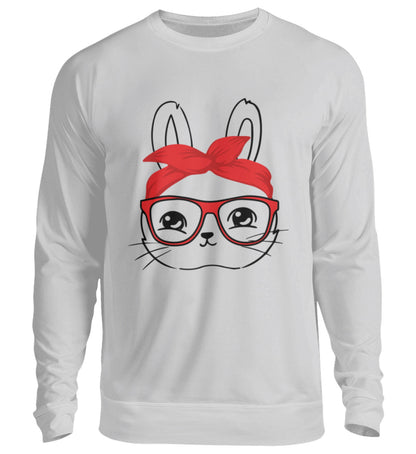 Visualmotivation - Sweatshirt - Motiv: Hase mit roter Brille und rotem Haarband. Sweatshirtfarbe: Grau (Meliert)