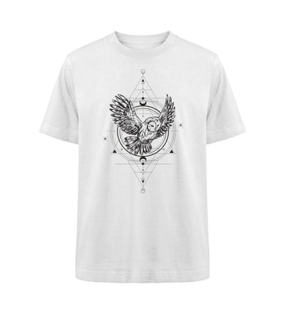 Visualmotviation - Unisex Freestyler Heavy Oversized T-Shirt aus 100% Bio-Baumwolle mit Linart-Motiv und Eule. Shirtfarbe: White