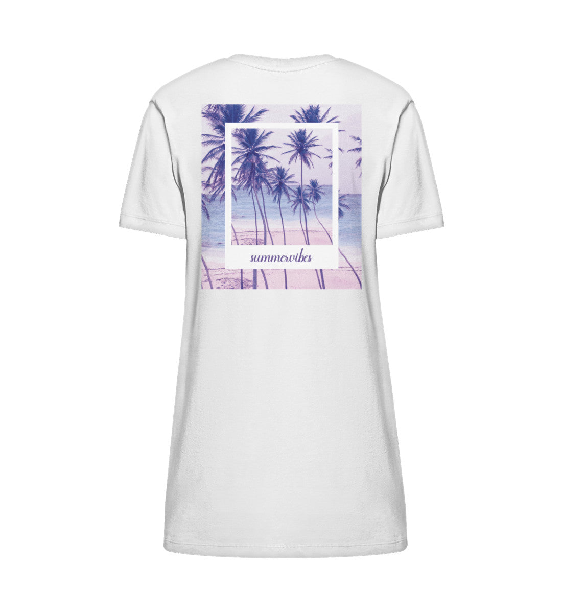 VISUALMOTIVATION - Organic Stella Spinner T-Shirt Kleid ST/ST - Motiv auf der Rückseite: sumervibes, Palmenmotiv in Violett- / Lilatönen. Kleidfarbe: weiss