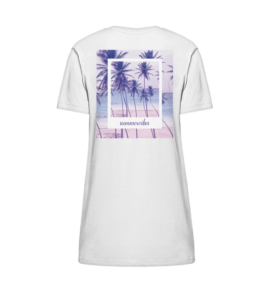 VISUALMOTIVATION - Organic Stella Spinner T-Shirt Kleid ST/ST - Motiv auf der Rückseite: sumervibes, Palmenmotiv in Violett- / Lilatönen. Kleidfarbe: weiss