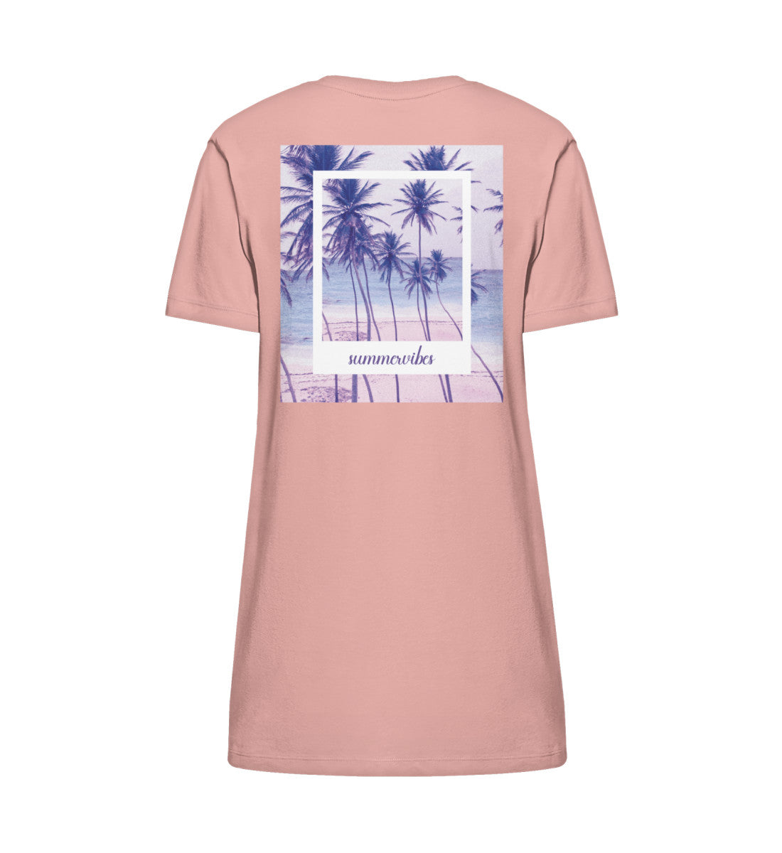 VISUALMOTIVATION - Organic Stella Spinner T-Shirt Kleid ST/ST - Motiv auf der Rückseite: sumervibes, Palmenmotiv in Violett- / Lilatönen. Kleidfarbe: Canyon Pink