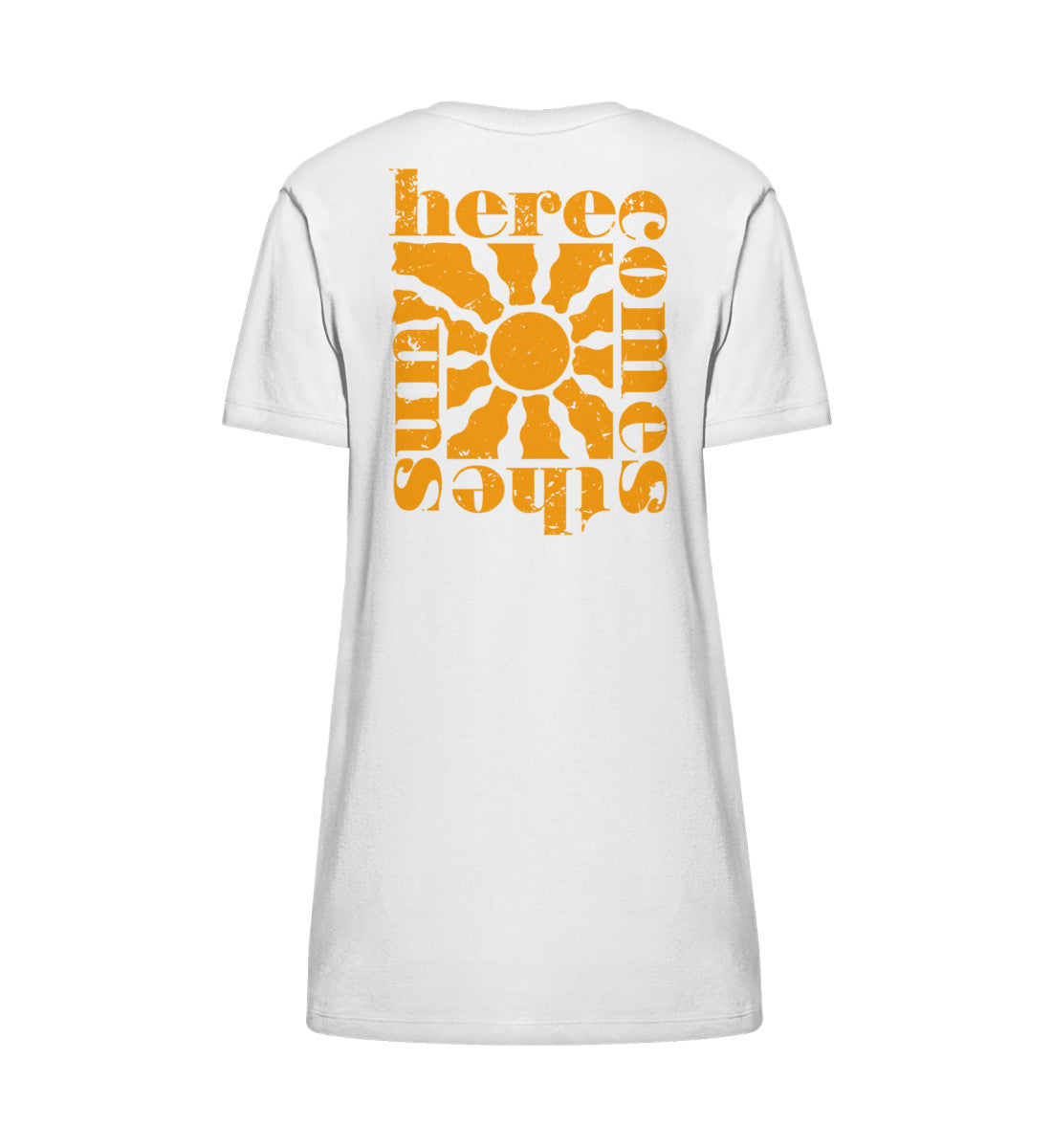 VISUALMOTIVATION - Organic Stella Spinner T-Shirt Kleid ST/ST - Motiv auf der Rückseite: here comes the sun, in orange. Kleidfarbe: weiss