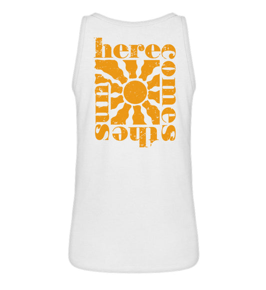 VISUALMOTIVATION - Organic Frauen Tanktop ST/ST - Motiv auf der Rückseite: here comes the sun, in orange. Topfarbe: weiss