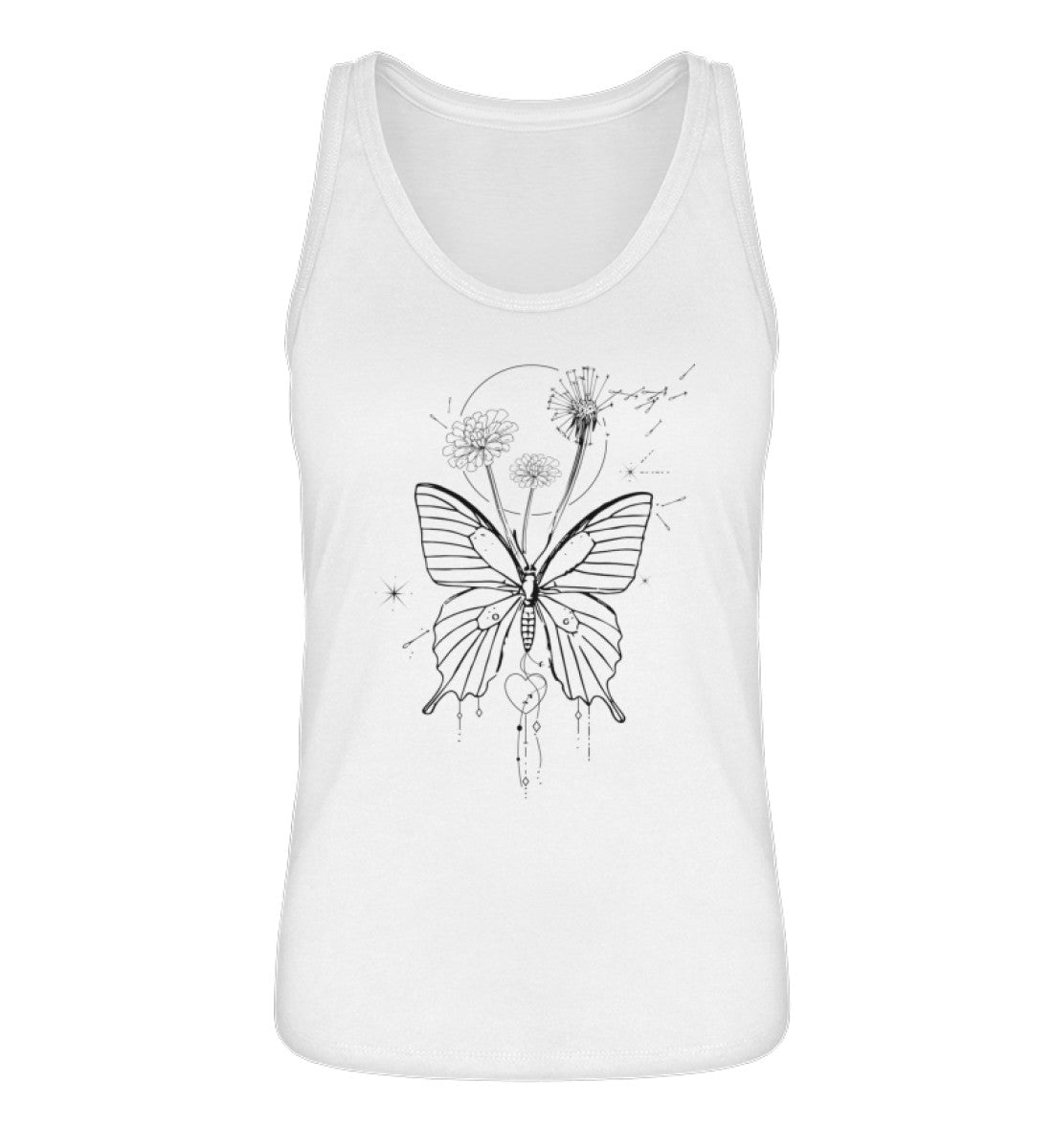 VISUALMOTIVATION - Organic Frauen Tanktop ST/ST - Motiv auf der Vorderseite: Schmetterling, Löwenzahn und Pusteblumen im Lineart Boho Design. Topfarbe: White-3