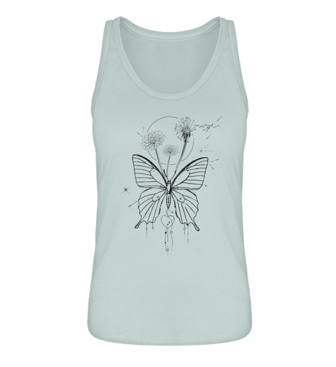 VISUALMOTIVATION - Organic Frauen Tanktop ST/ST - Motiv auf der Vorderseite: Schmetterling, Löwenzahn und Pusteblumen im Lineart Boho Design. Topfarbe:´Caribbean Blue-7033