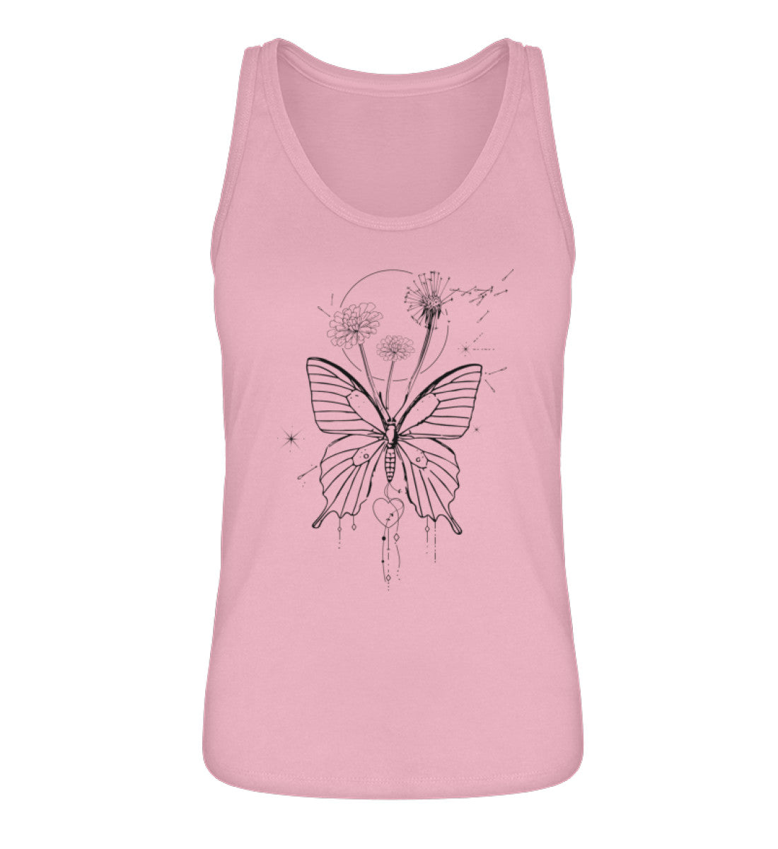 VISUALMOTIVATION - Organic Frauen Tanktop ST/ST - Motiv auf der Vorderseite: Schmetterling, Löwenzahn und Pusteblumen im Lineart Boho Design. Topfarbe: Cotton Pink-6883